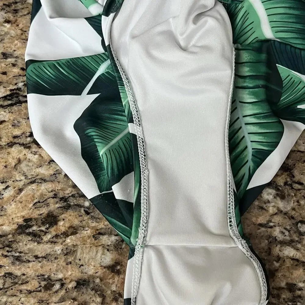 Tropical Palm Leaf One Piece Swimsuit XL Green White Halter Ruched Tummy Control